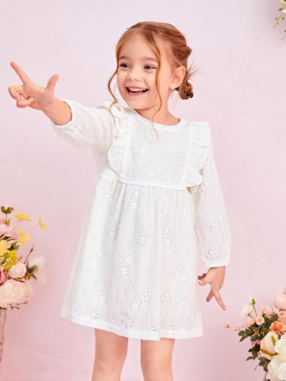 SHEIN Floral Embroidery Ruffle Trim Lantern Sleeve Dress 6